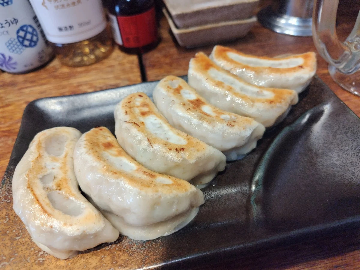 黒い角皿に並んだダンダダンの肉汁焼餃子