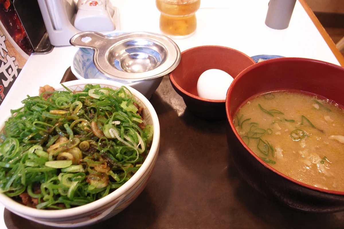 すき家の青ねぎをのせた牛丼と別添えの卵、みそ汁
